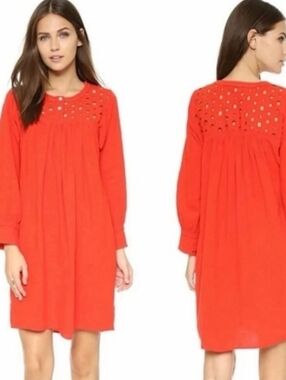 Madewell Joie Red Eyelet Yoke Long Sleeve Shift Mini Dress Boho Linen-Blend, XS